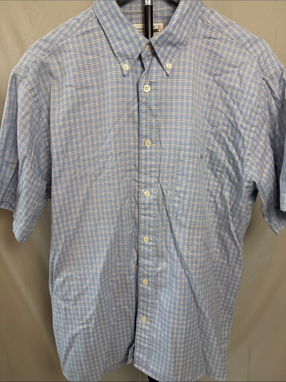 Lacoste Light Blue and White Checked Short-Sleeve Button-Down Shirt